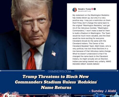 TRUMP THREATENS TO BLOCK COMMANDERS' STADIUM DEAL OVER NAME DISPUTE