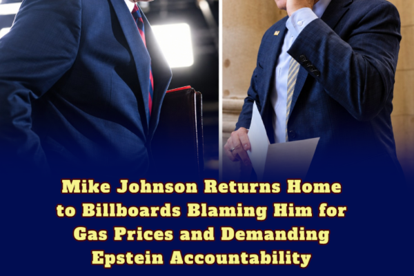 Mike Johnson Returns Home to Billboards Blaming Him for Gas Prices and Demanding Epstein Accountability