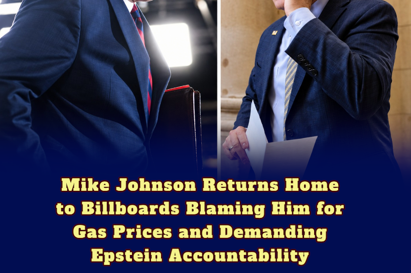 Mike Johnson Returns Home to Billboards Blaming Him for Gas Prices and Demanding Epstein Accountability